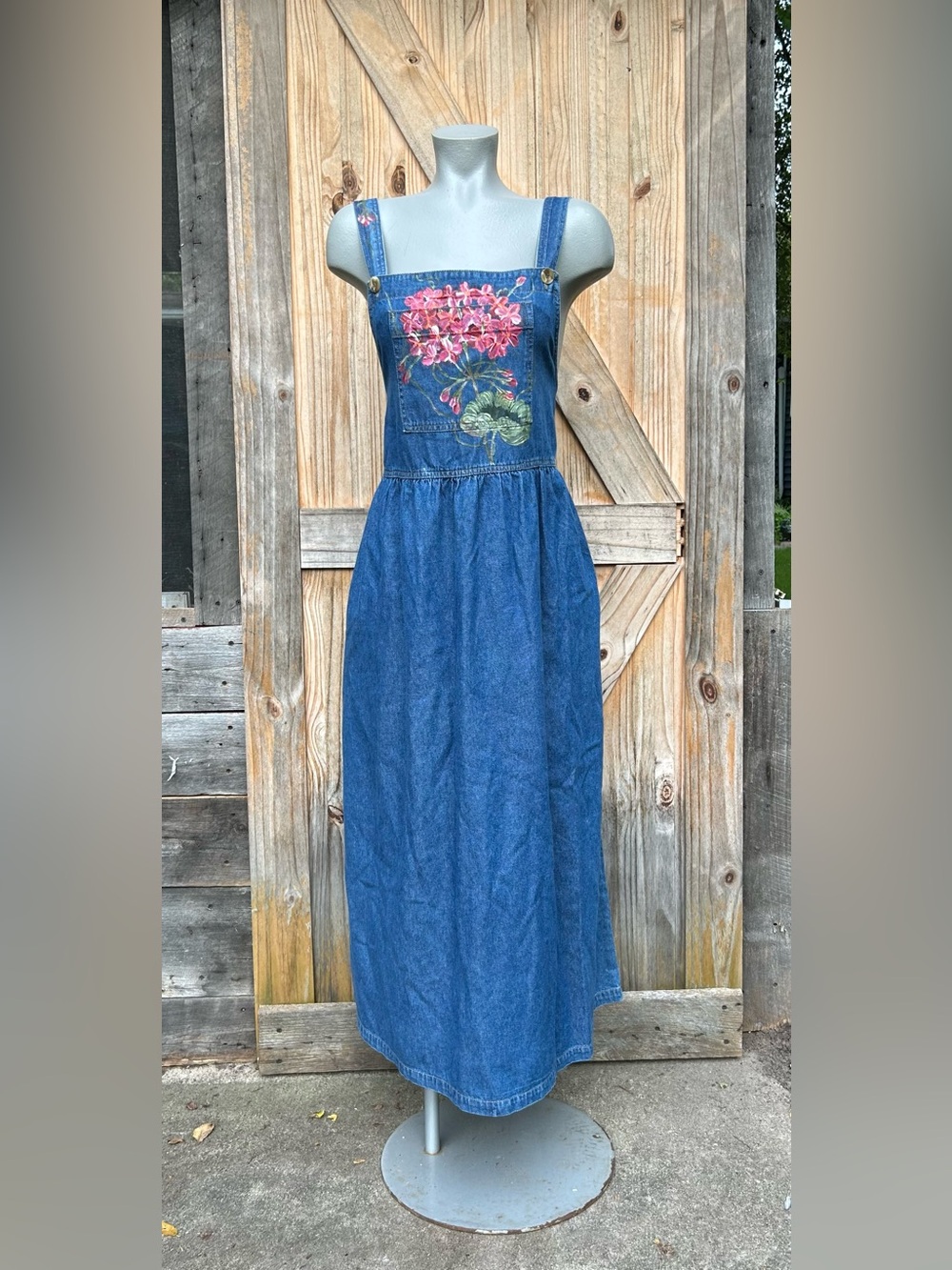 Vintage 90s Haik's Long Blue Denim Hand Painted Floral Overall Maxi Dress~XL~
